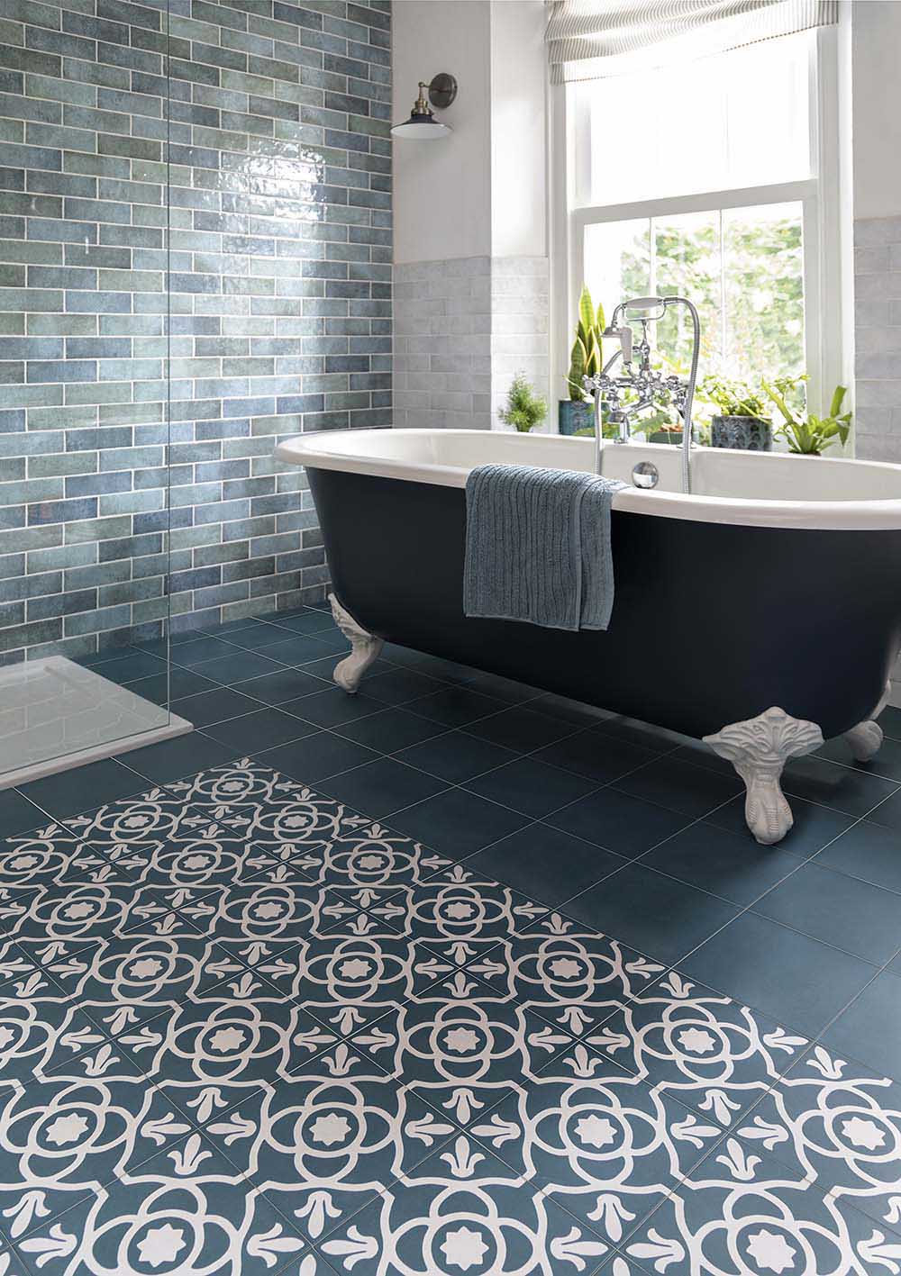 Aqua patterned bathroom tiles