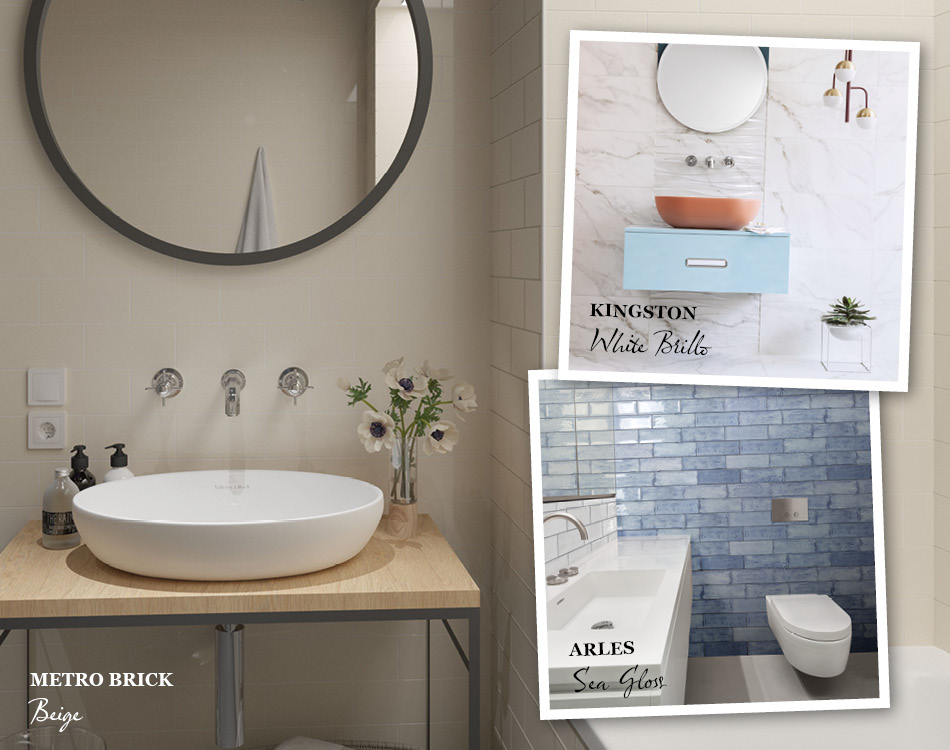 Collage of tile ideas for small bathrooms including Metro Brick, Kingston and Arles