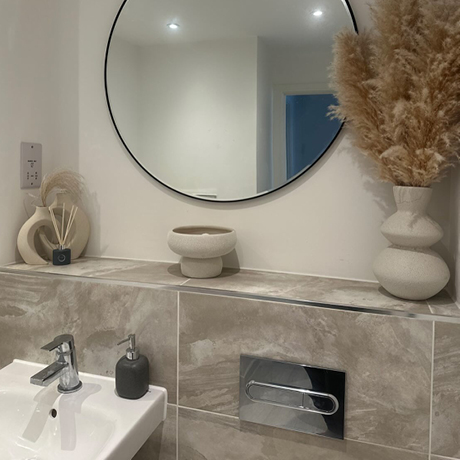 Grey and white bathroom featuring Stoneware Flint Silk