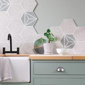 Varadero Grey hexagon Matt tile on kitchen wall as a splashback mixed with Varadero Mint coloured tile