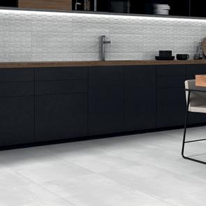Modern kitchen tiled with Barrington white large format floor tiles and coordinating white wall tiles