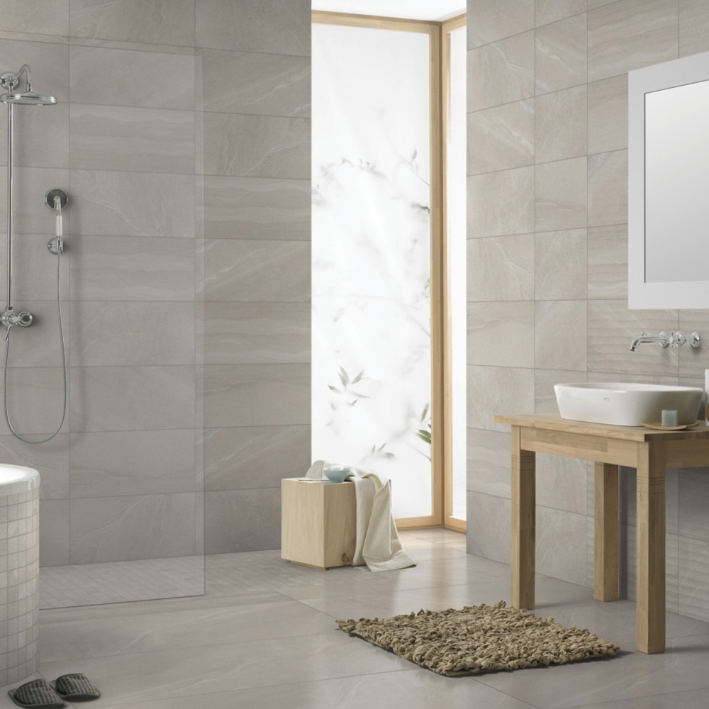 British Stone Ceramic Beige wall tile with matching floor tile in a Warm Looking bathroom setting