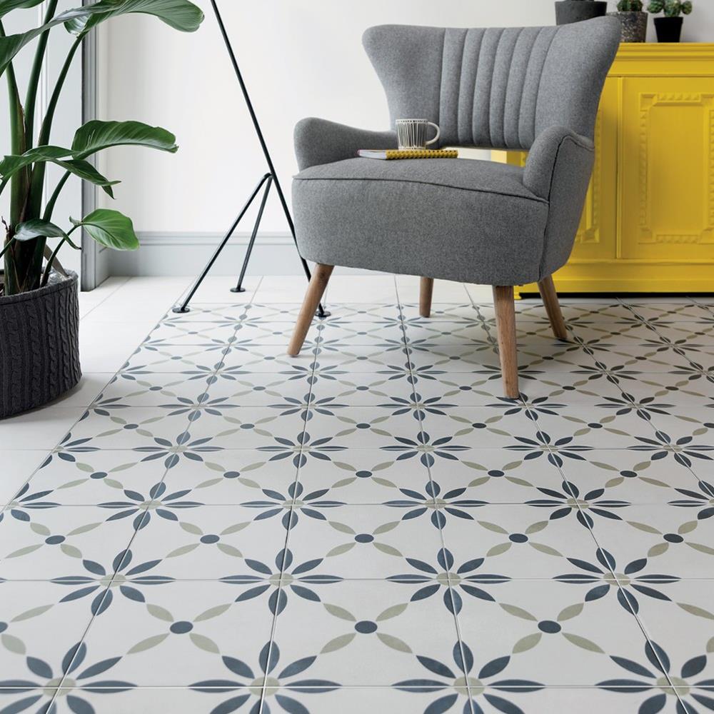 havana pattern tiles on living room floor