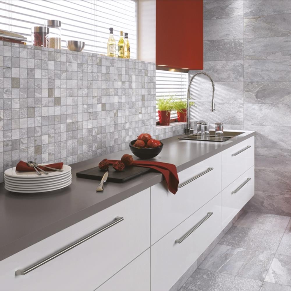 modern kitchen with the nature grey mosaic being used as a splash back with accenting plain tile