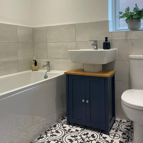  White patterned tiles in bathroom setting 