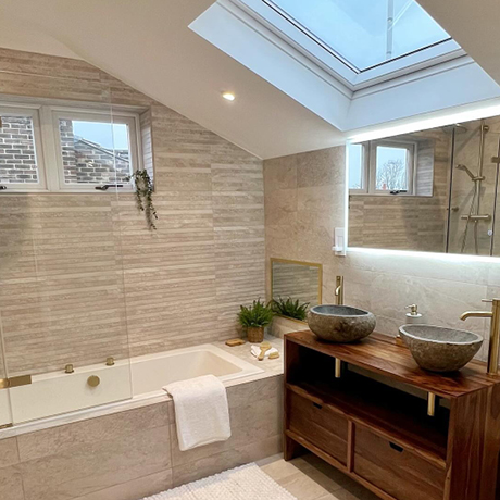 White wall tiles in bathroom with natural setting