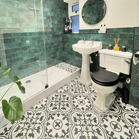 Forest tiles in bathroom setting 