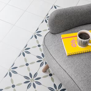 Close up showcasing the havana décor tiles along with the bayamo grey and poitiers moonlight
